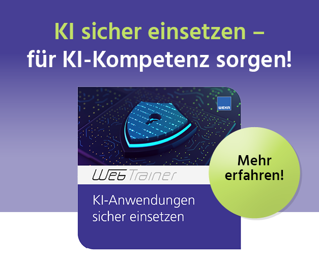 Grafik mit der Aufschrift: ‚KI sicher einsetzen – für KI-Kompetenz sorgen!‘. Darunter eine stilisierte Darstellung eines digitalen Schilds mit Schlüsselloch auf einer Leiterplatte. Text im unteren Bereich: ‚WebTrainer – KI-Anwendungen sicher einsetzen‘. Rechts ein grüner Kreis mit der Aufschrift ‚Mehr erfahren!‘.