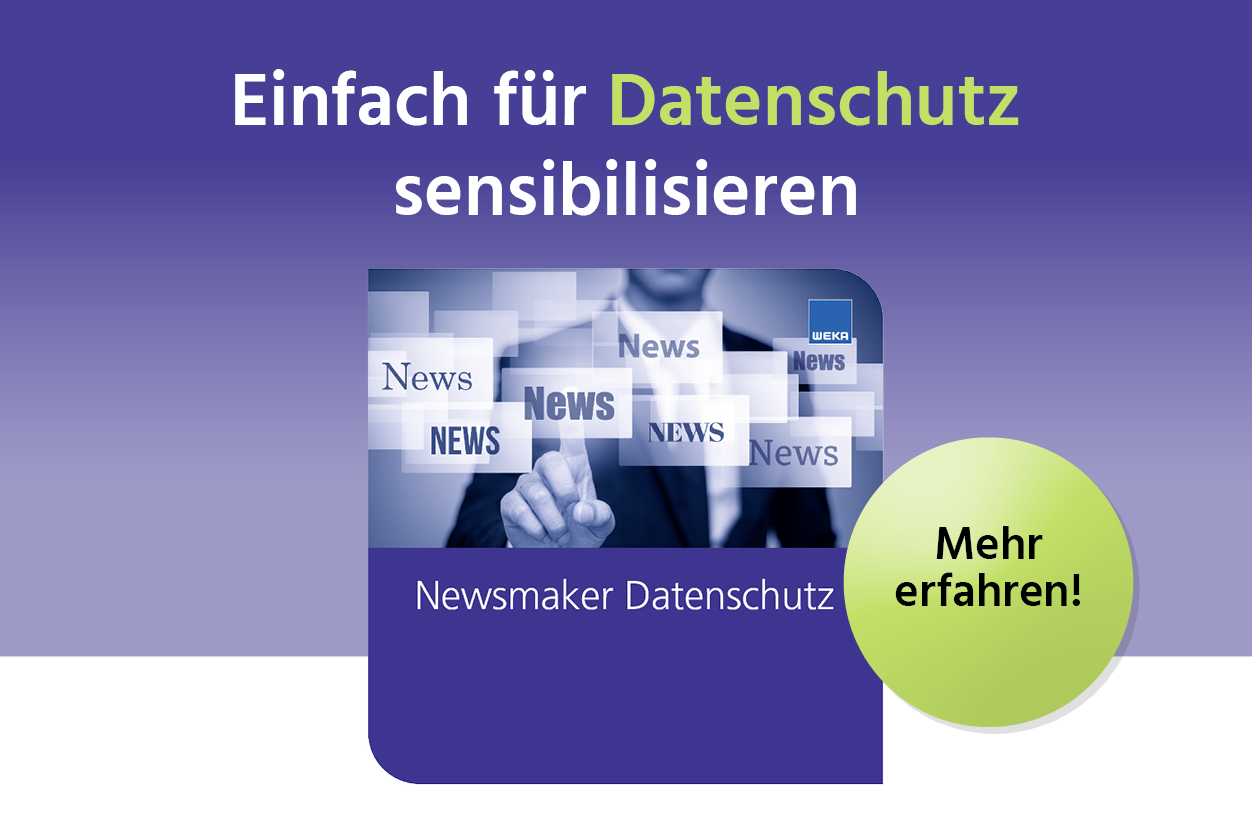 Grafik mit der Aufschrift: ‚Einfach für Datenschutz sensibilisieren‘. Darunter ein Bild eines Mannes im Anzug, der mit dem Finger auf das Wort ‚News‘ zeigt, das mehrfach in schwebenden Textfeldern erscheint. Text im unteren Bereich: ‚Newsmaker Datenschutz‘. Rechts ein grüner Kreis mit der Aufschrift ‚Mehr erfahren!‘.