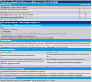 Checkliste für die Dokumentation des berechtigten Interesses im Verzeichnis von Verarbeitungstätigkeiten für den nicht-öffentlichen Bereich. Sie finden die Checkliste unter https://ogy.de/CL-VVT-berechtigte-Interessen.