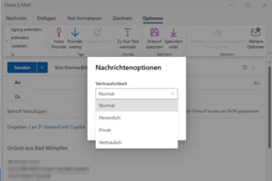 In den Nachrichtenoptionen lassen sich im neuen Outlook Vertraulichkeitsstufen für E-Mails festlegen